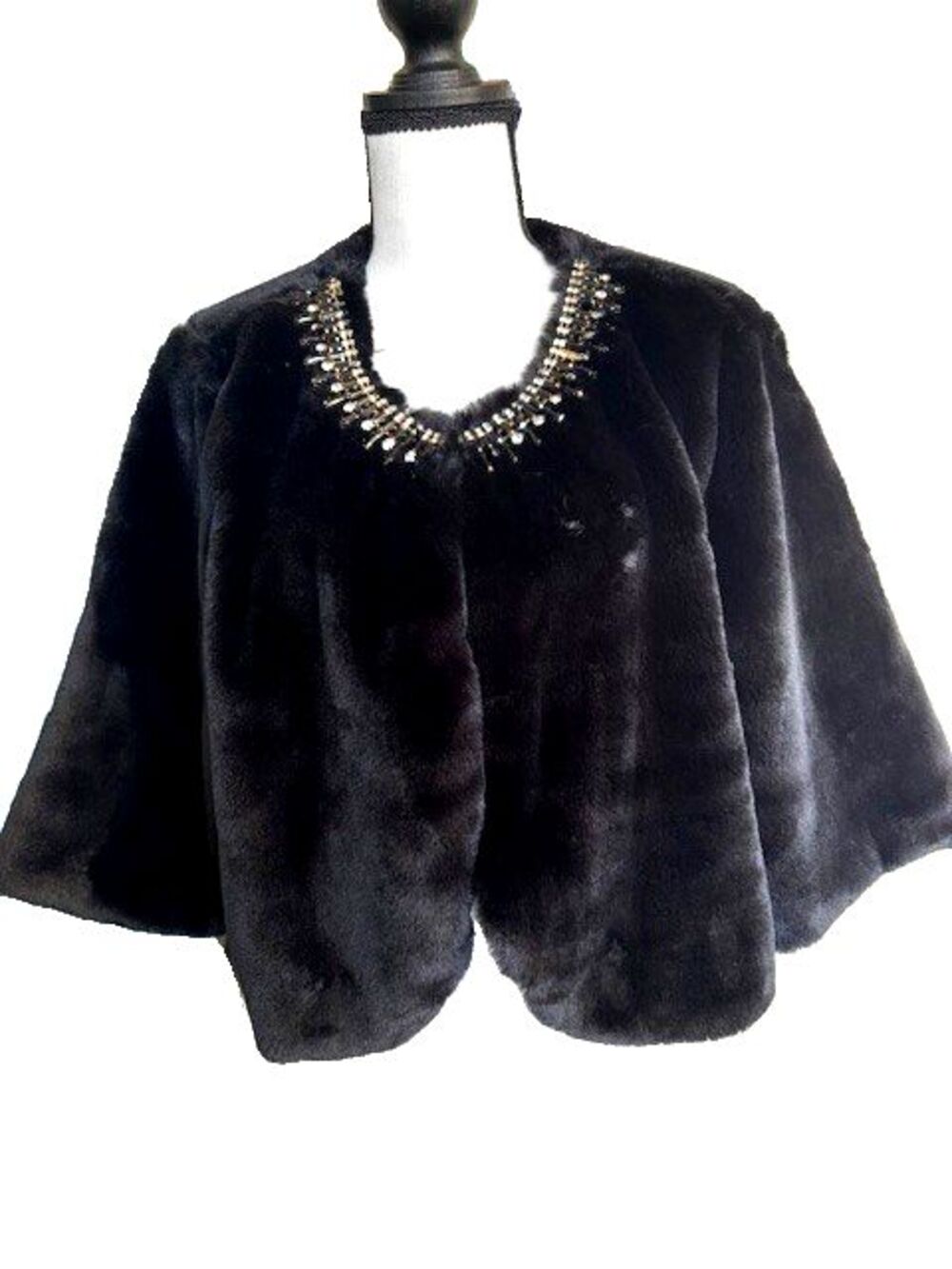 Haani Black Fur Jacket Elegant 100% Polyester with jeweled neck line *** - Picture 1 of 5